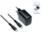 USB PD/QC 3.0 ladeadapter inkl. C-C-kabel, svart 20W, 3,6V~5,9V/3A; 6~9V/2A; 9V~12V/1,5A